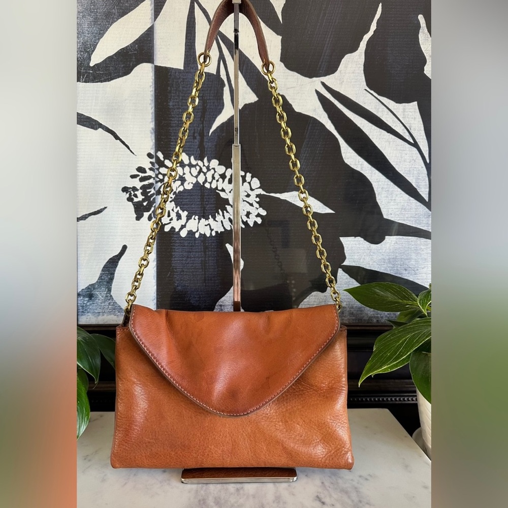 J. Crew Envelope Clutch Chain Bag Pebbled Leather - Cognac Color